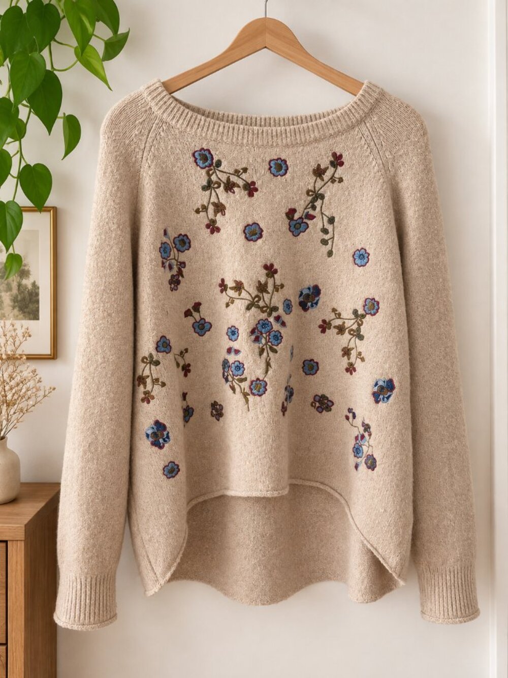 Cliche Cream Embroidered Floral Boho Knit Sweater